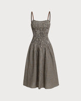 Brown Plaid Shirred Slip Midi Dress - Threadford