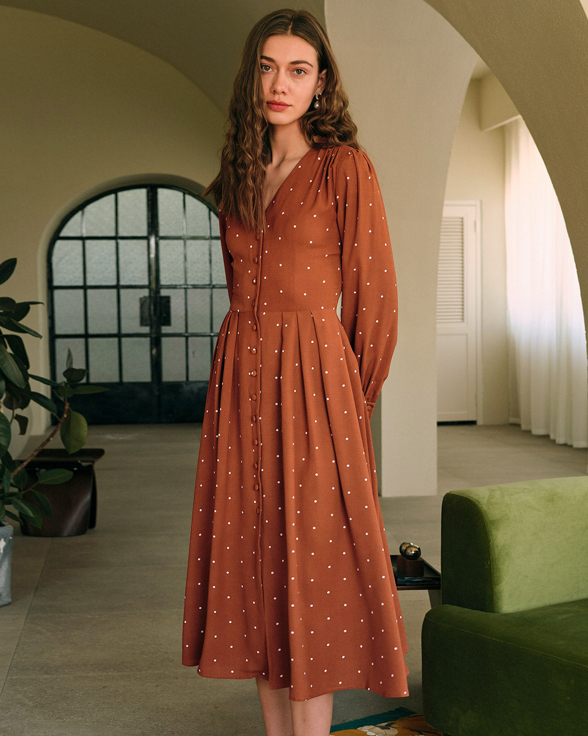 Brown Polka Dot Pleated Midi Dress - Threadford