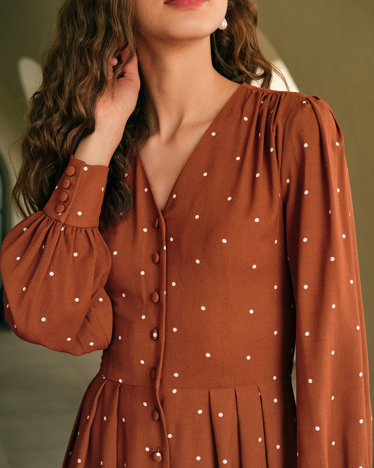 Brown Polka Dot Pleated Midi Dress - Threadford