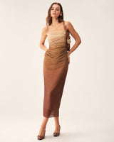 Brown Ruched Mesh Slip Midi Dress - Threadford