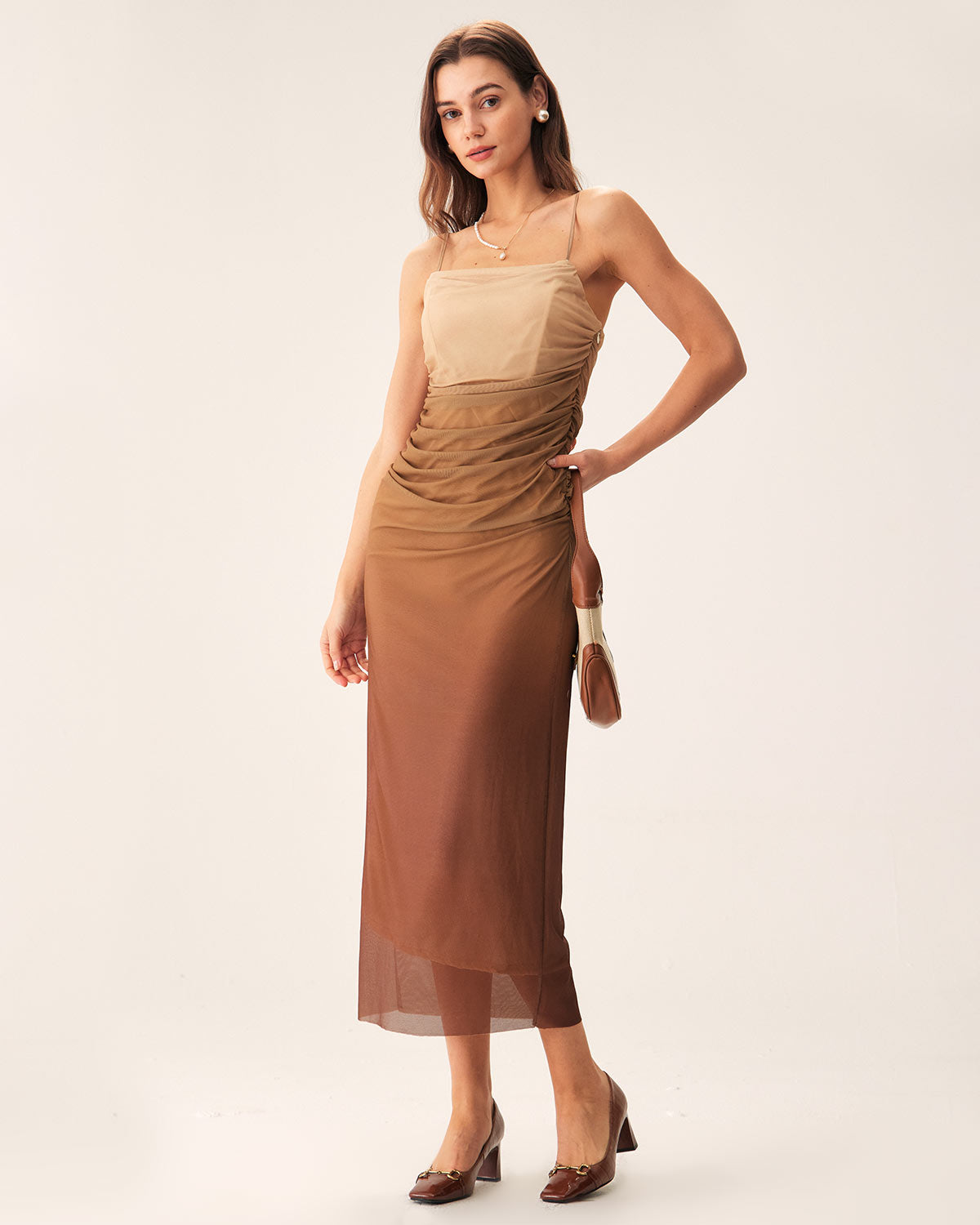 Brown Ruched Mesh Slip Midi Dress - Threadford