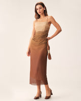Brown Ruched Mesh Slip Midi Dress - Threadford