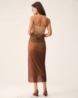 Brown Ruched Mesh Slip Midi Dress - Threadford