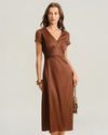Brown V Neck Cap Sleeve Midi Dress - Threadford