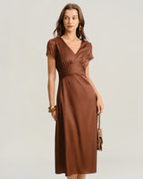 Brown V Neck Cap Sleeve Midi Dress - Threadford
