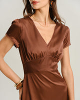 Brown V Neck Cap Sleeve Midi Dress - Threadford