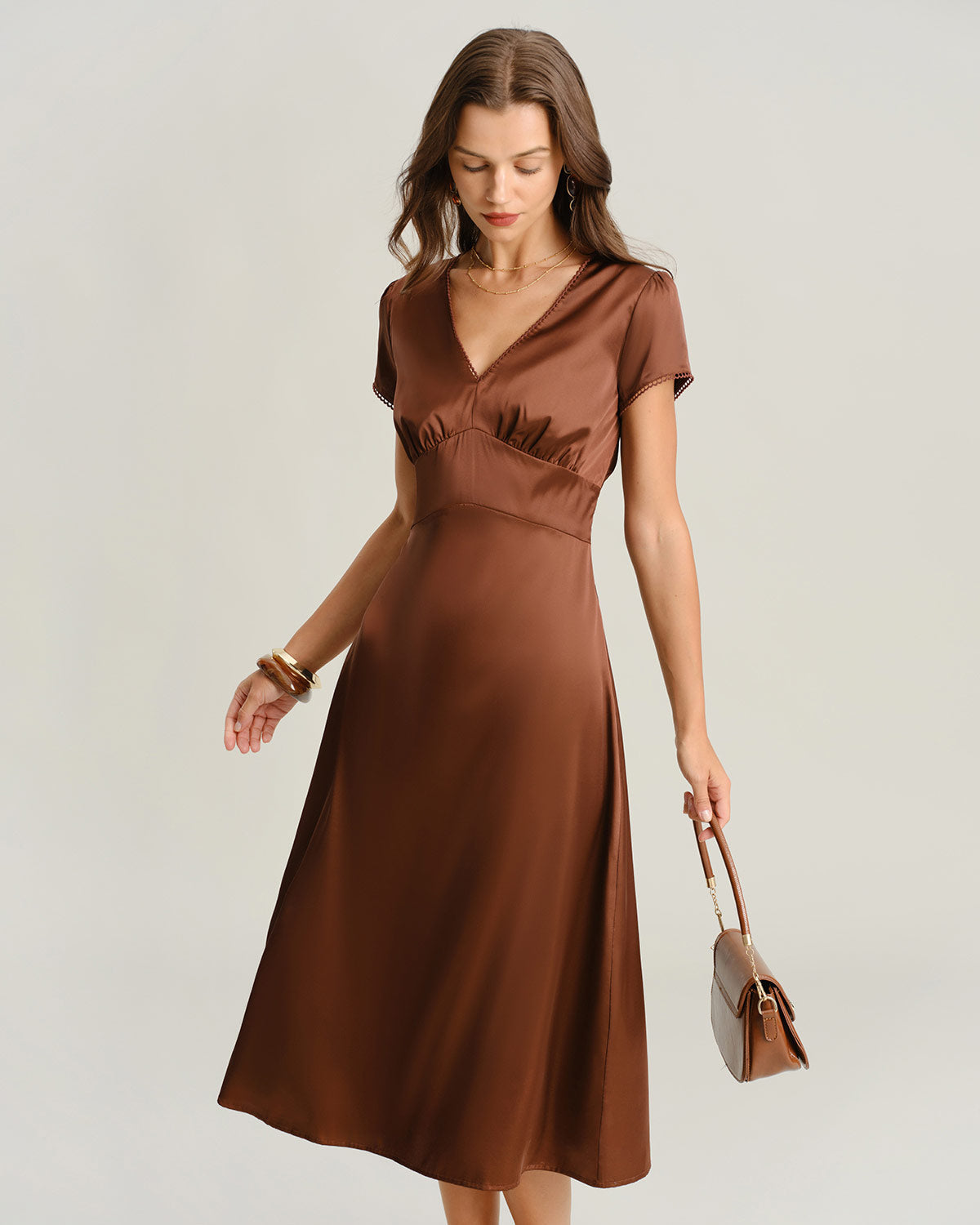 Brown V Neck Cap Sleeve Midi Dress - Threadford