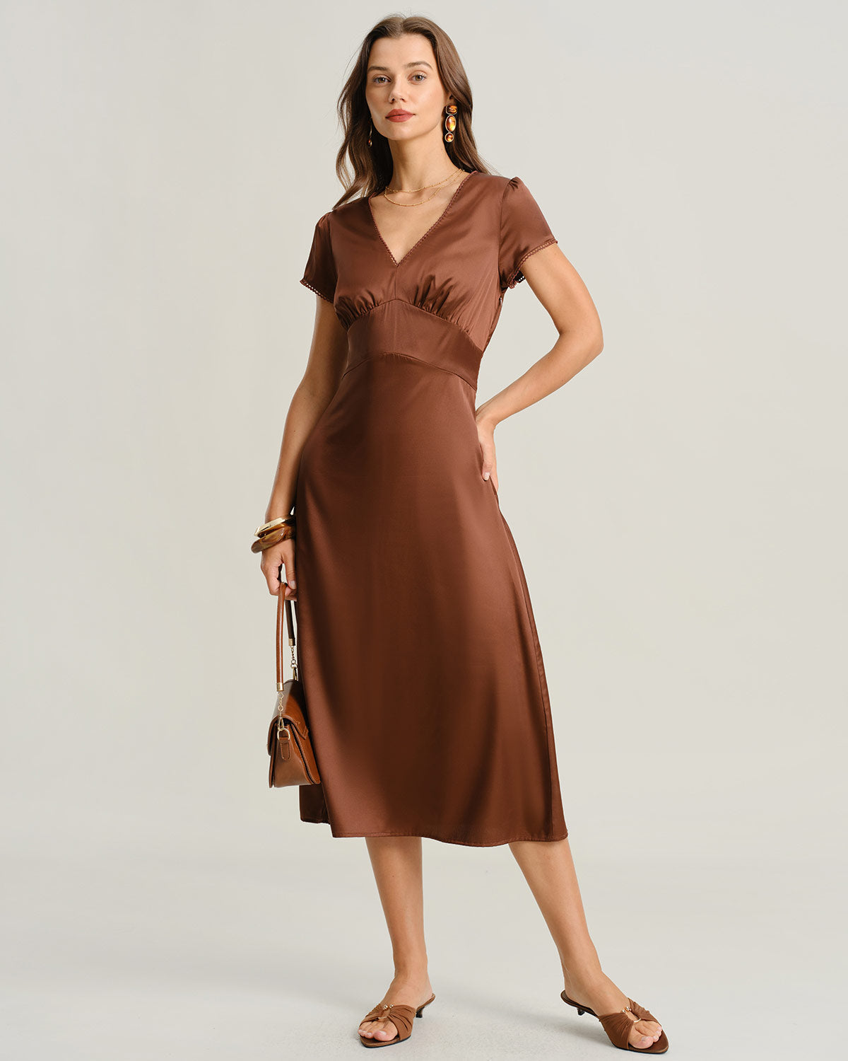 Brown V Neck Cap Sleeve Midi Dress - Threadford