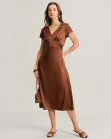 Brown V Neck Cap Sleeve Midi Dress - Threadford