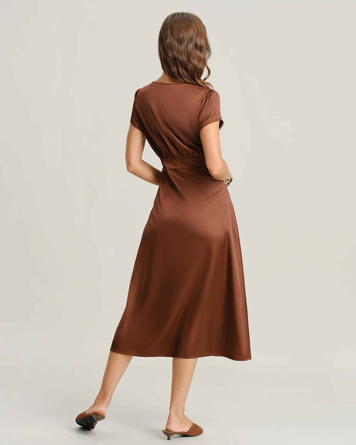 Brown V Neck Cap Sleeve Midi Dress - Threadford