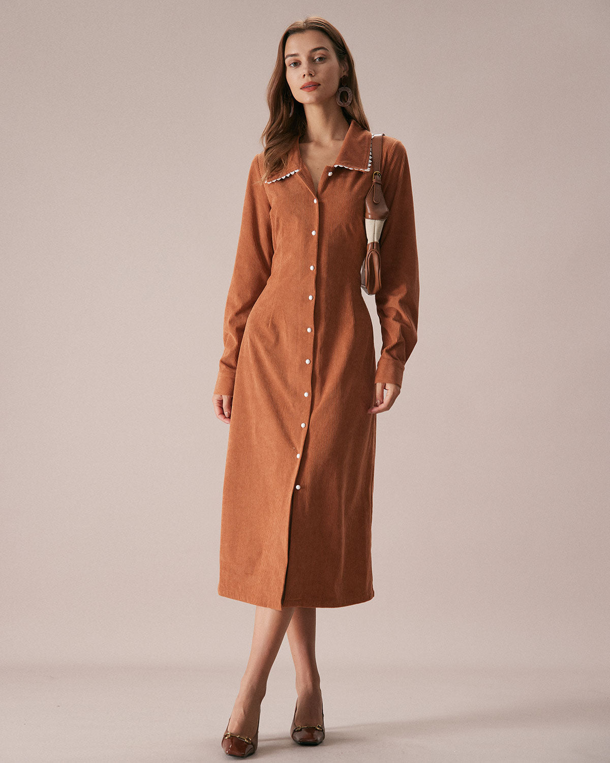 Caramel Belted A-Line Midi Dress - Threadford