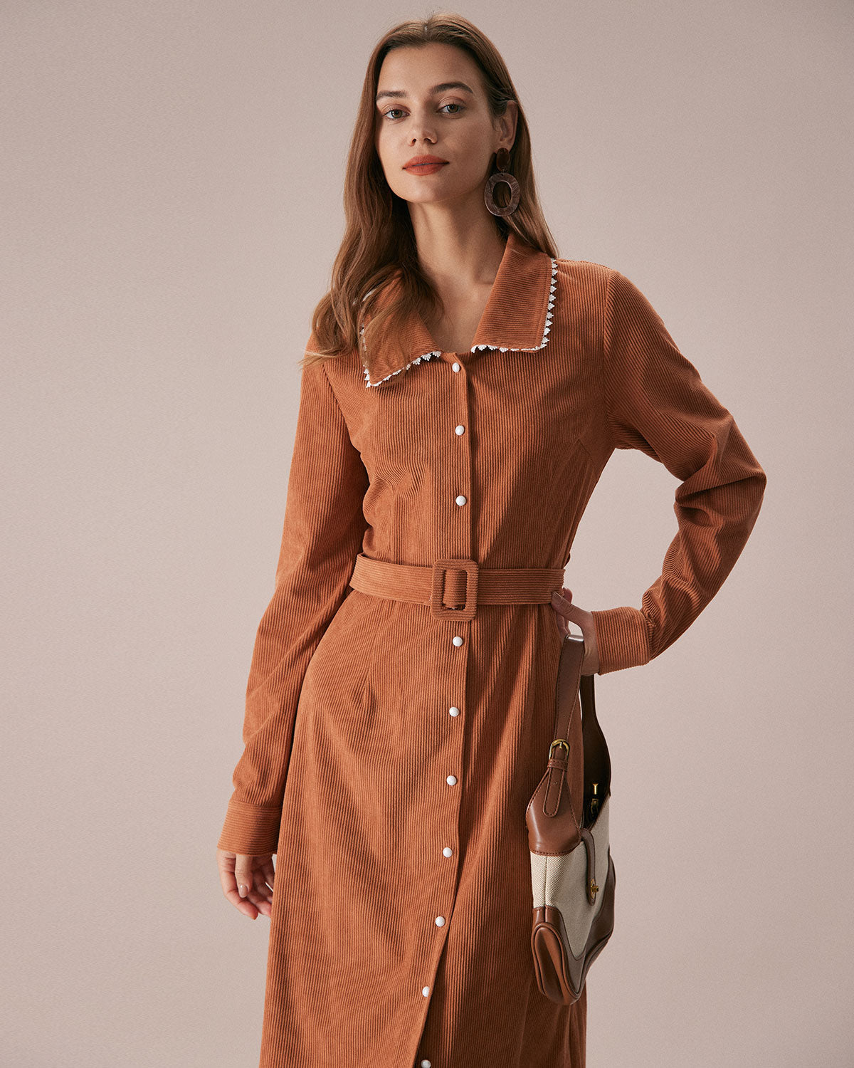 Caramel Belted A-Line Midi Dress - Threadford