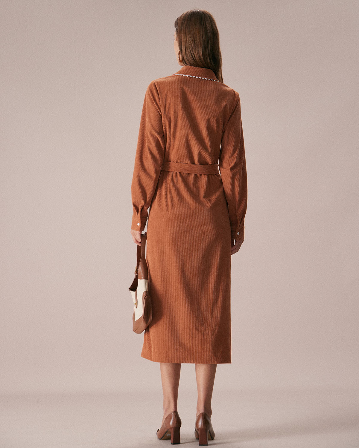 Caramel Belted A-Line Midi Dress - Threadford