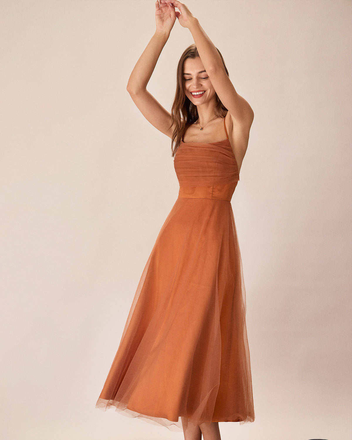 Caramel Mesh Flowy Slip Midi Dress - Threadford