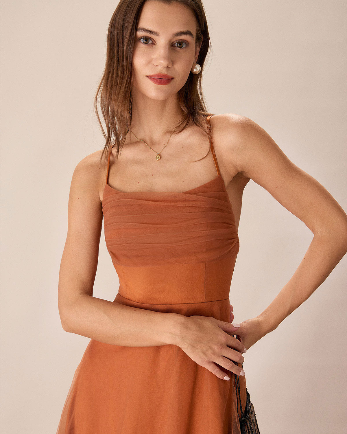 Caramel Mesh Flowy Slip Midi Dress - Threadford
