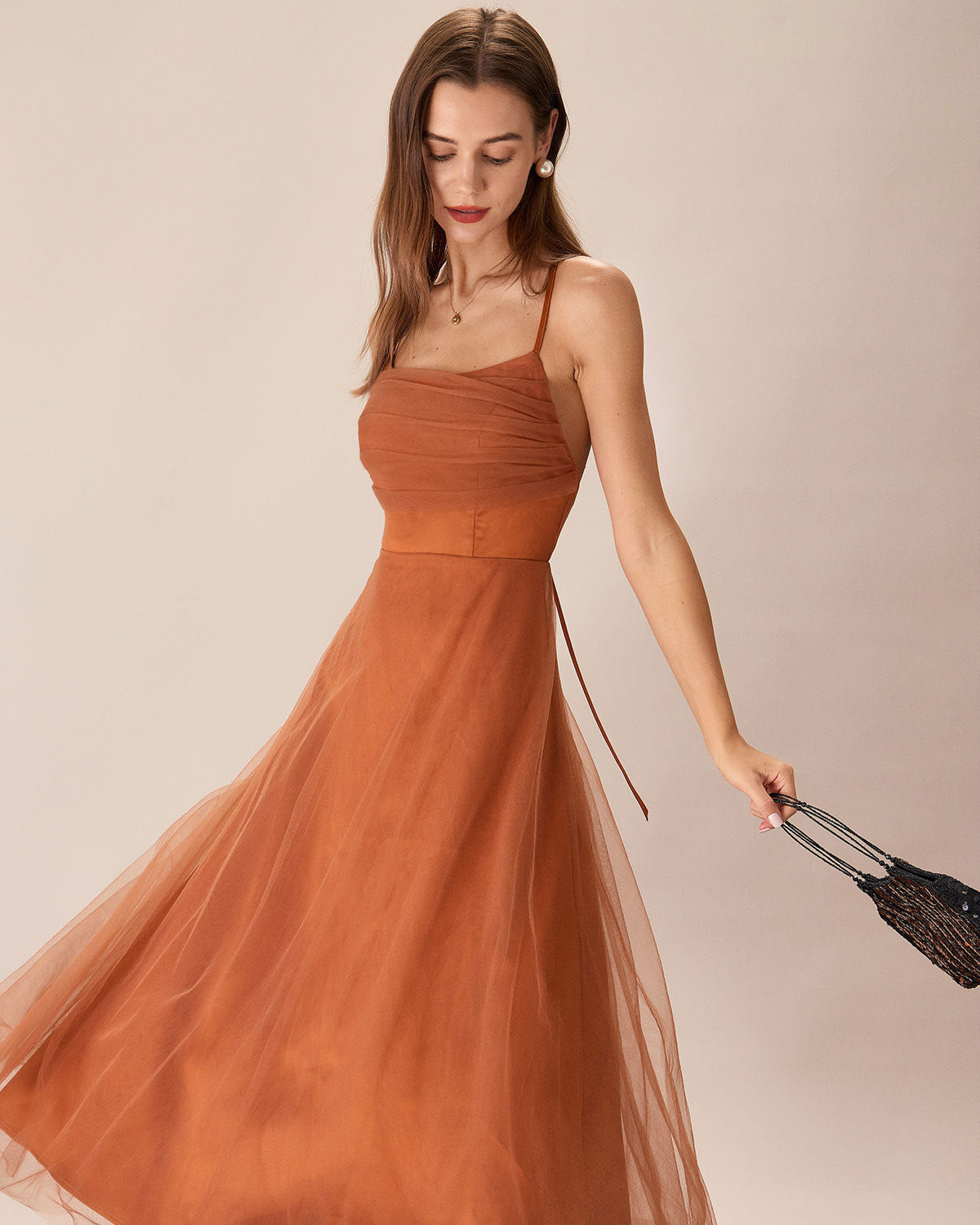 Caramel Mesh Flowy Slip Midi Dress - Threadford