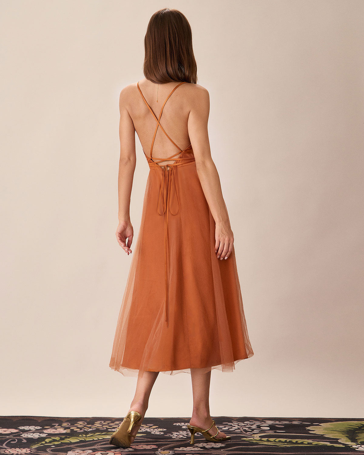 Caramel Mesh Flowy Slip Midi Dress - Threadford