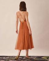 Caramel Mesh Flowy Slip Midi Dress - Threadford