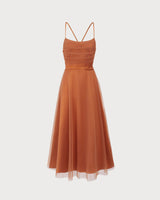 Caramel Mesh Flowy Slip Midi Dress - Threadford