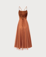 Caramel Mesh Flowy Slip Midi Dress - Threadford