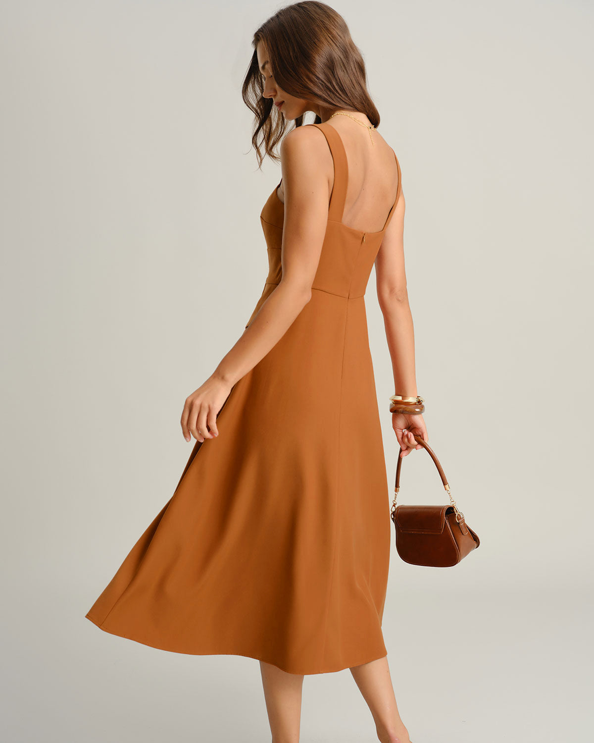 Caramel Sweetheart Neck Slip Midi Dress - Threadford