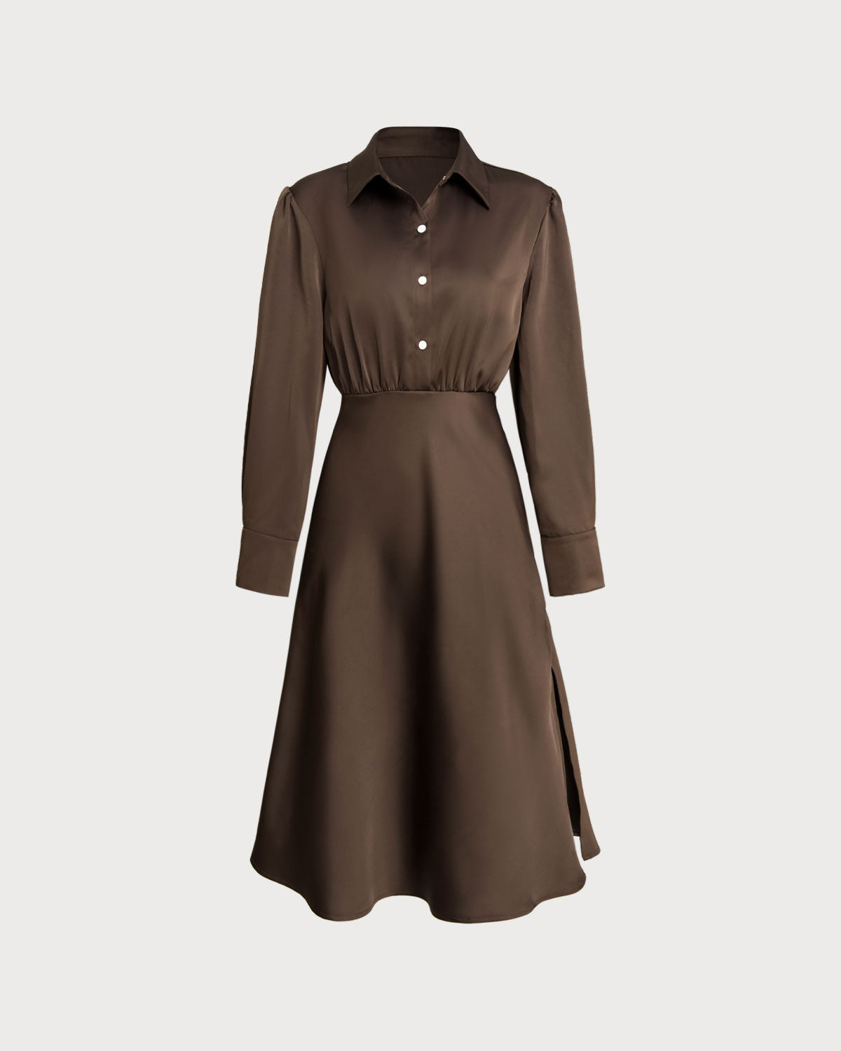 Coffee Ruched Button Midi Dress - Threadford