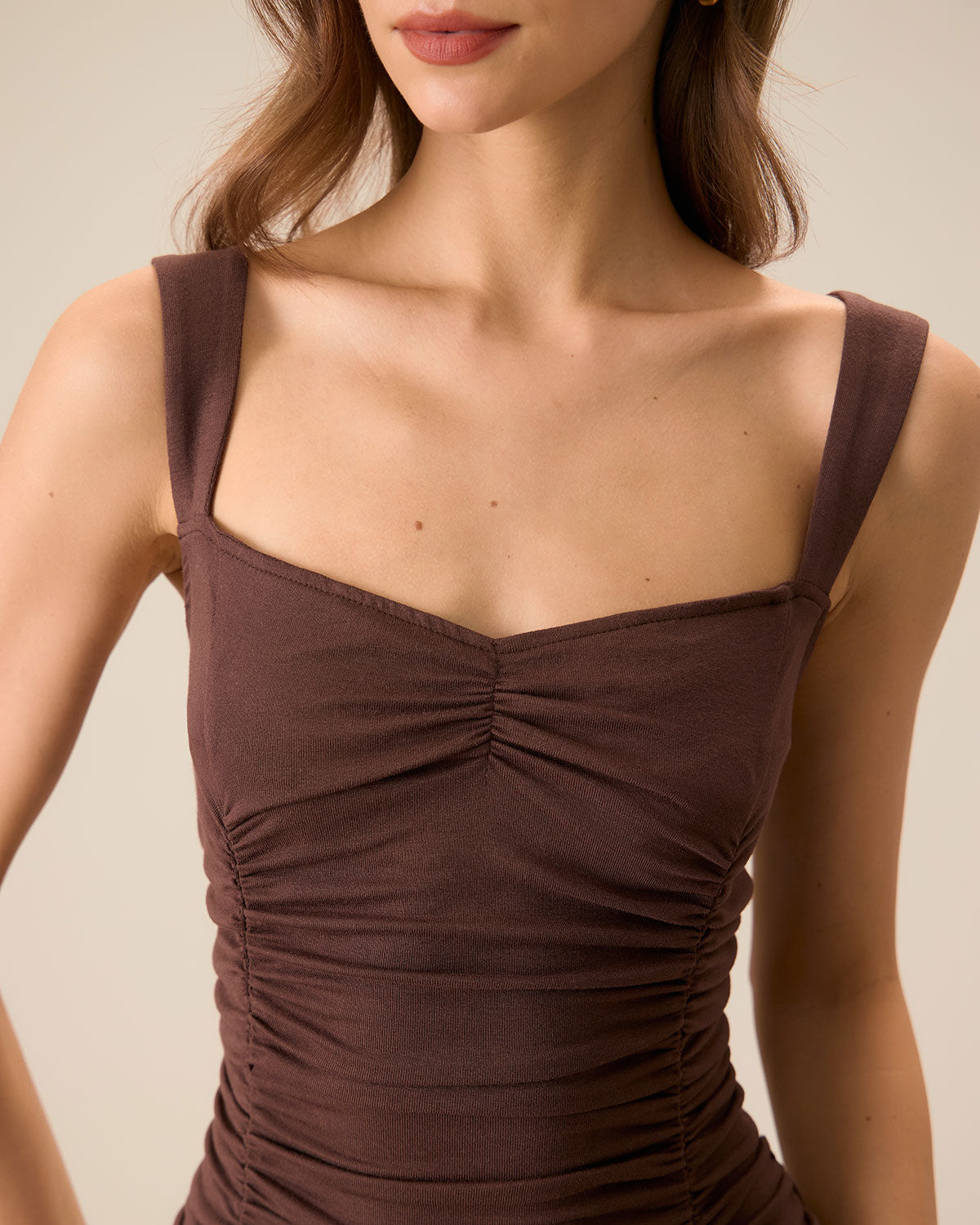 Women's Coffee Ruched Knitted Slip Midi Dress - Threadford