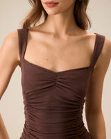 Women's Coffee Ruched Knitted Slip Midi Dress - Threadford