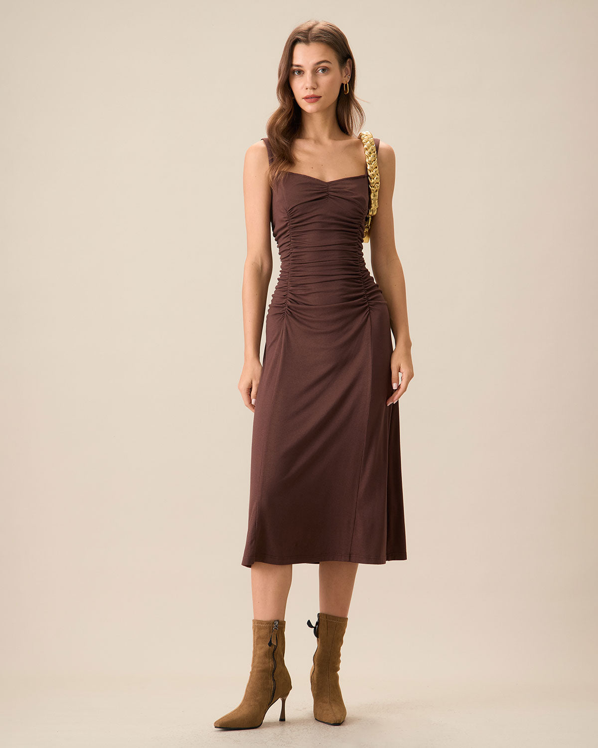 Women's Coffee Ruched Knitted Slip Midi Dress - Threadford
