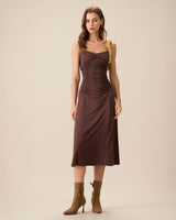 Women's Coffee Ruched Knitted Slip Midi Dress - Threadford