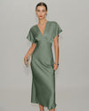 Green Satin V Neck Midi Dress - Threadford