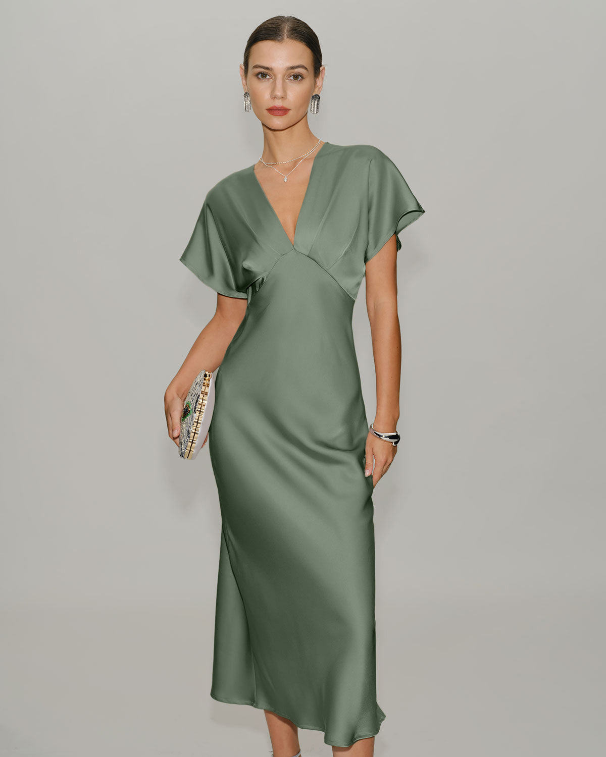 Green Satin V Neck Midi Dress - Threadford