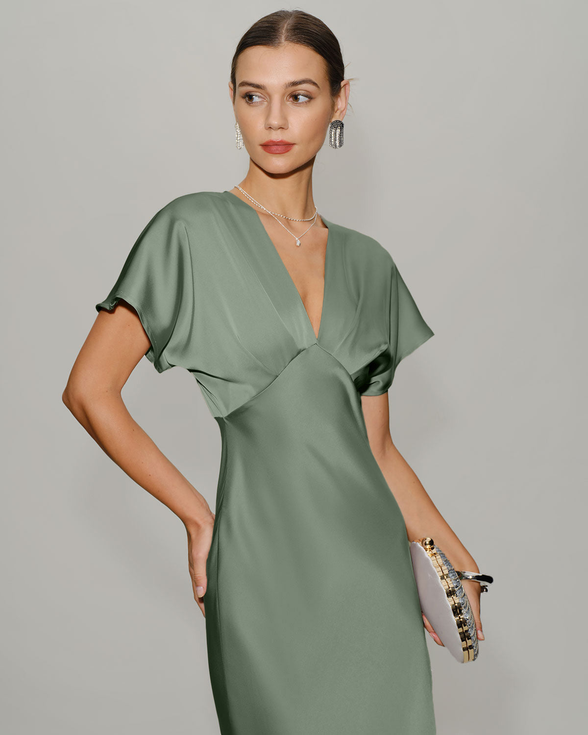 Green Satin V Neck Midi Dress - Threadford