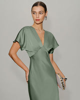 Green Satin V Neck Midi Dress - Threadford