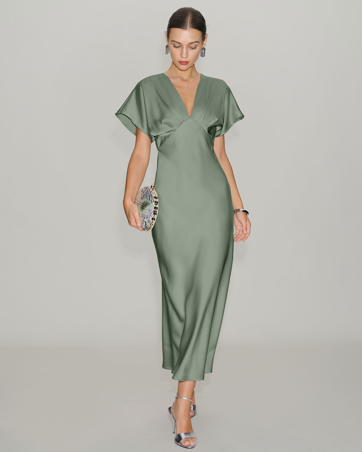 Green Satin V Neck Midi Dress - Threadford