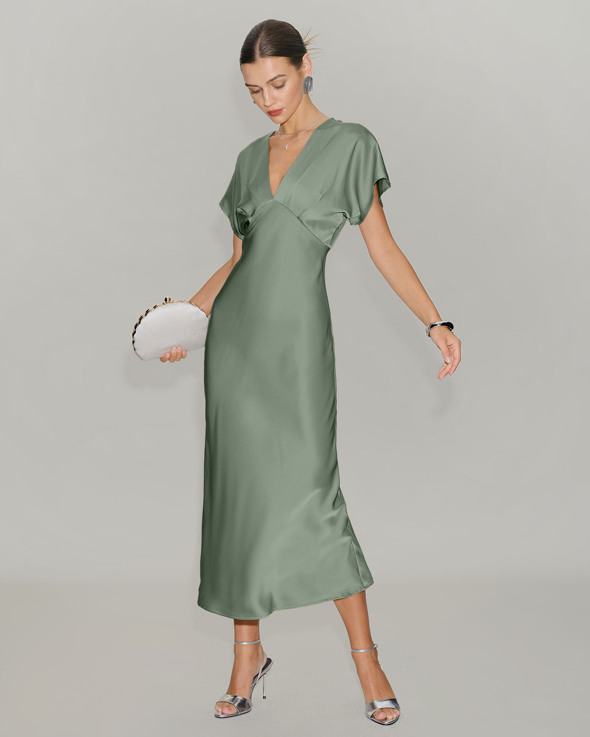 Green Satin V Neck Midi Dress - Threadford