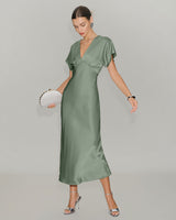Green Satin V Neck Midi Dress - Threadford