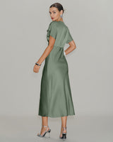 Green Satin V Neck Midi Dress - Threadford