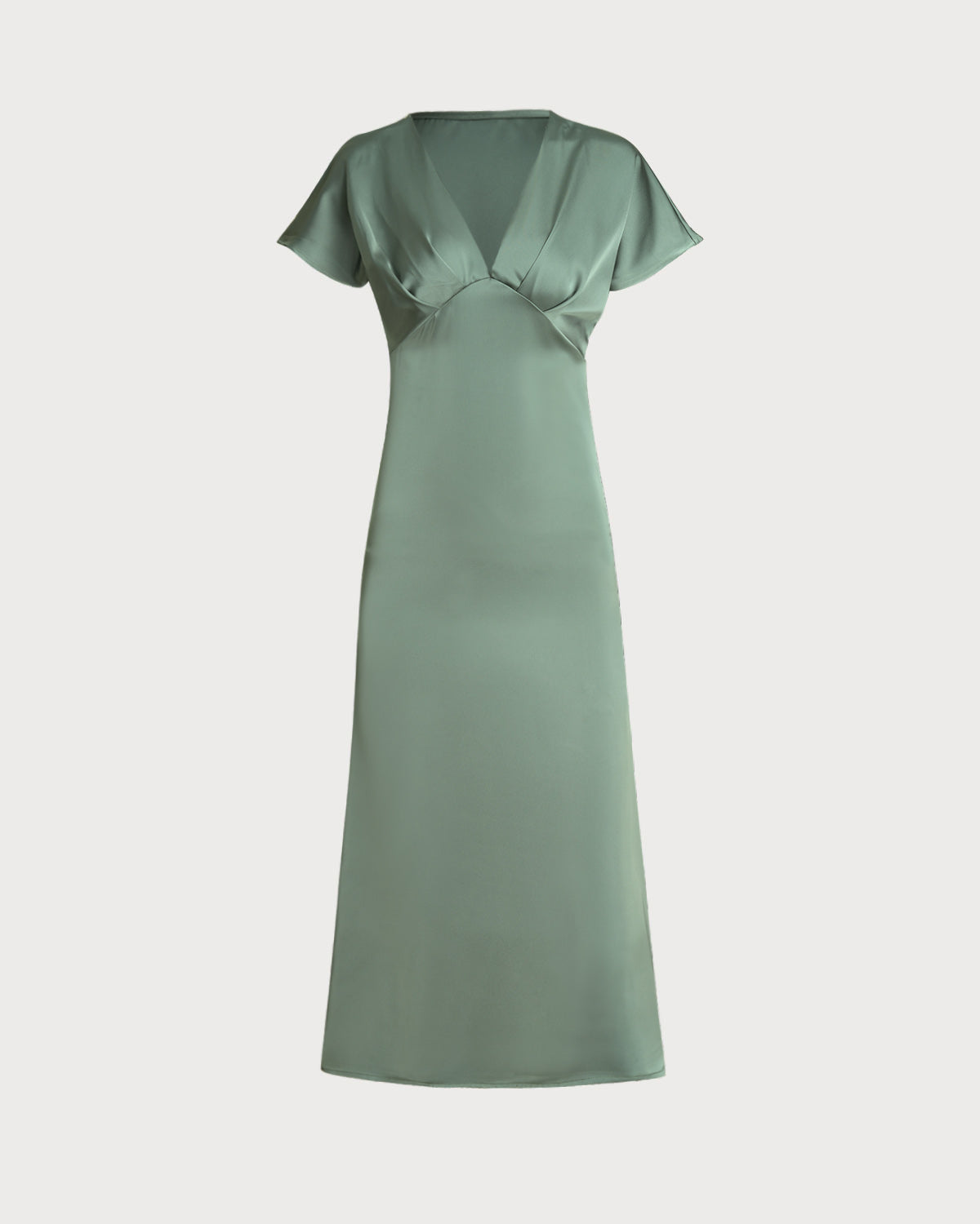 Green Satin V Neck Midi Dress - Threadford