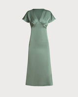 Green Satin V Neck Midi Dress - Threadford