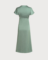 Green Satin V Neck Midi Dress - Threadford
