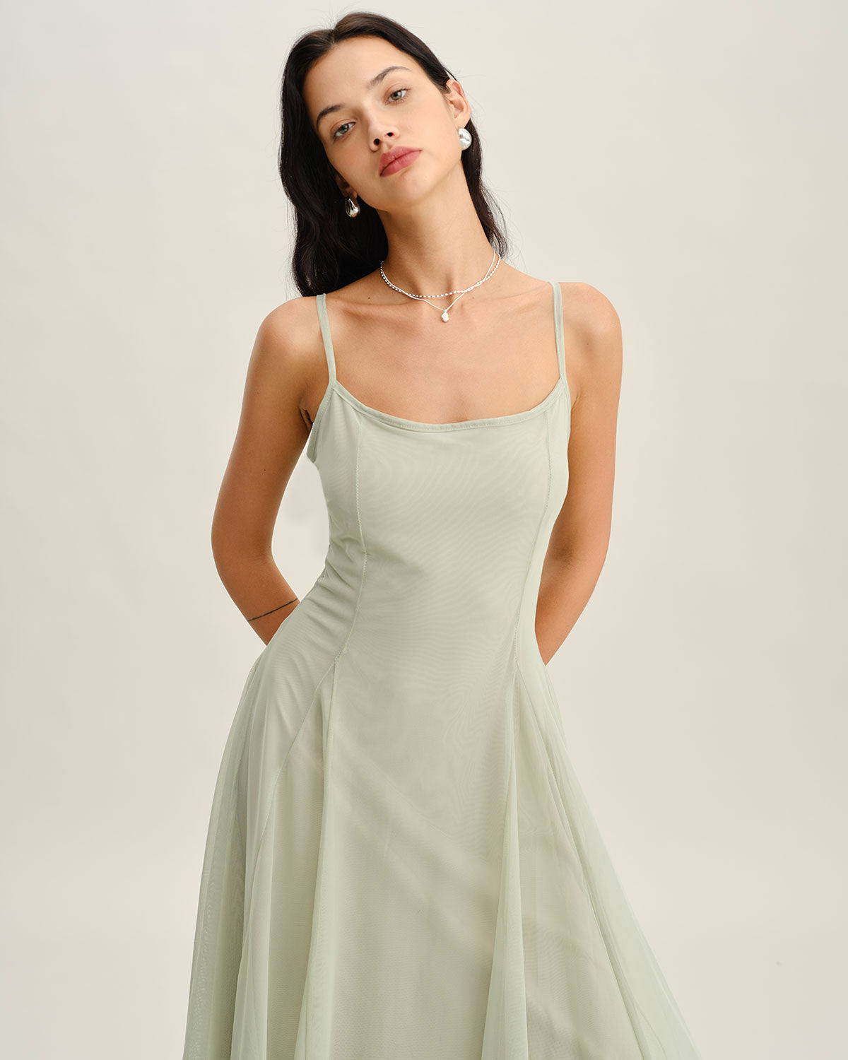 Green A-Line Slip Pleated Midi Dress - Threadford