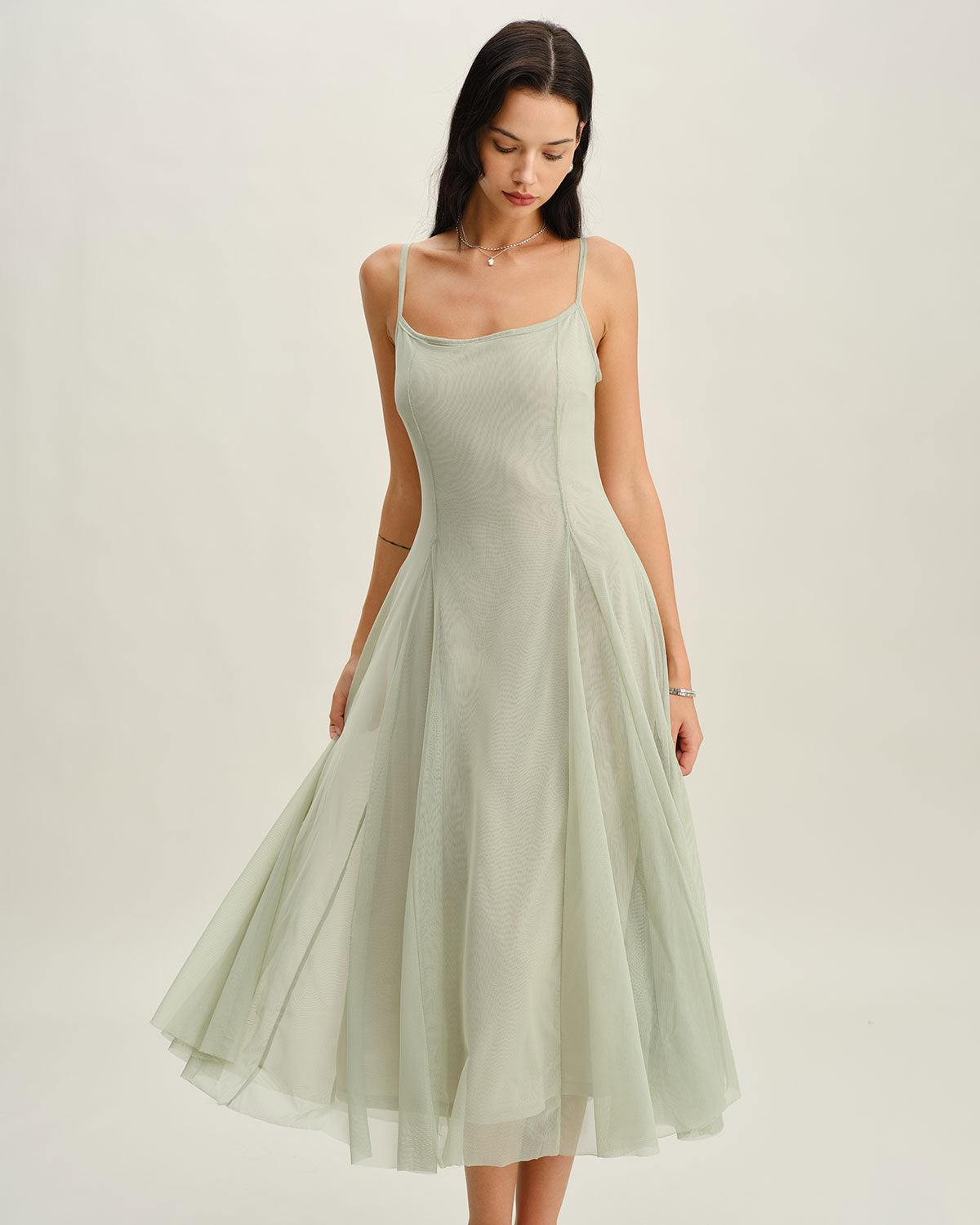 Green A-Line Slip Pleated Midi Dress - Threadford