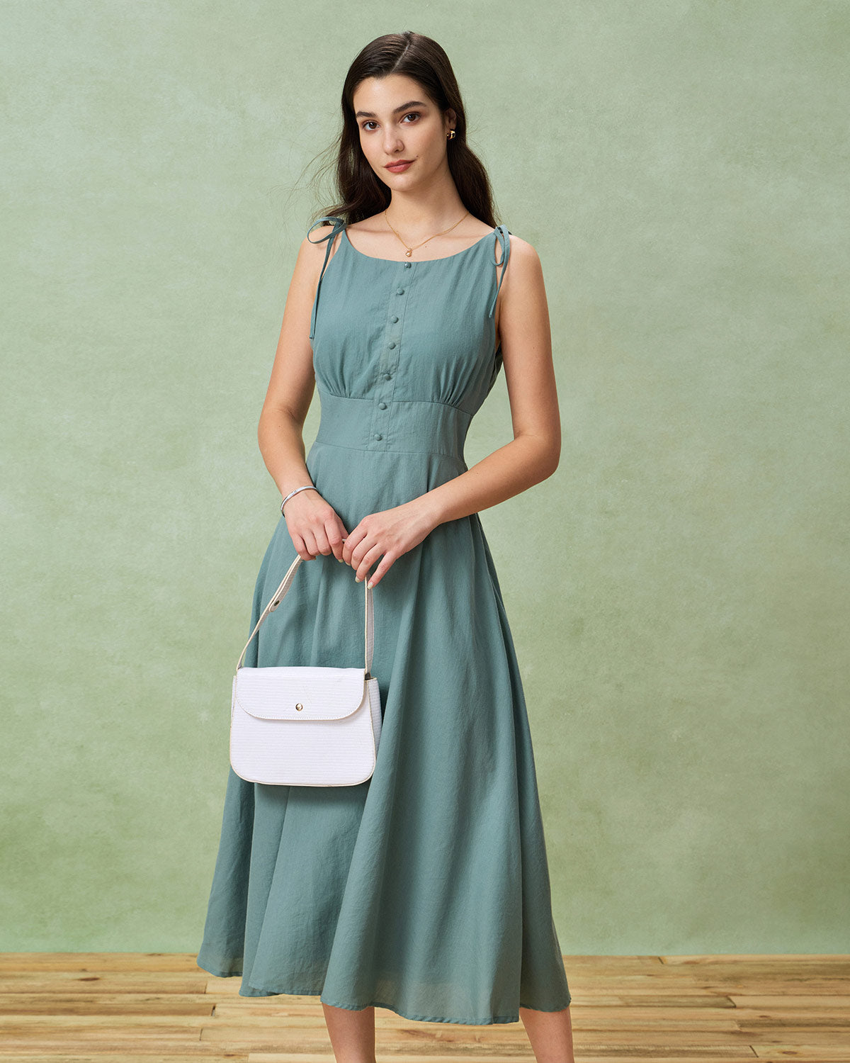 Green Boat Neck Backless Slip Midi Dress - Threadford