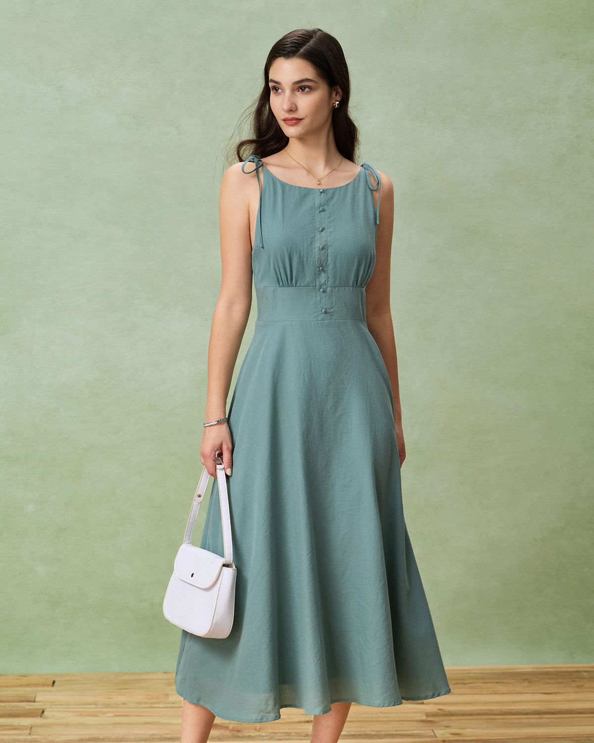 Green Boat Neck Backless Slip Midi Dress - Threadford