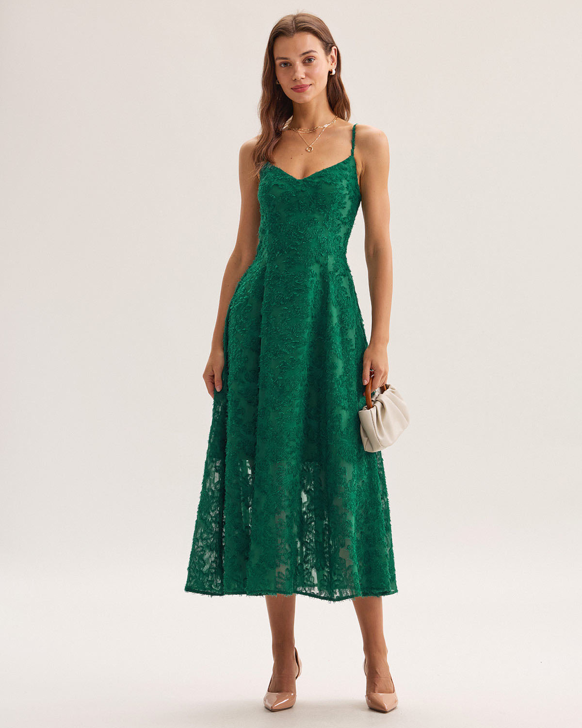 Green Floral Shirred Slip Midi Dress - Threadford