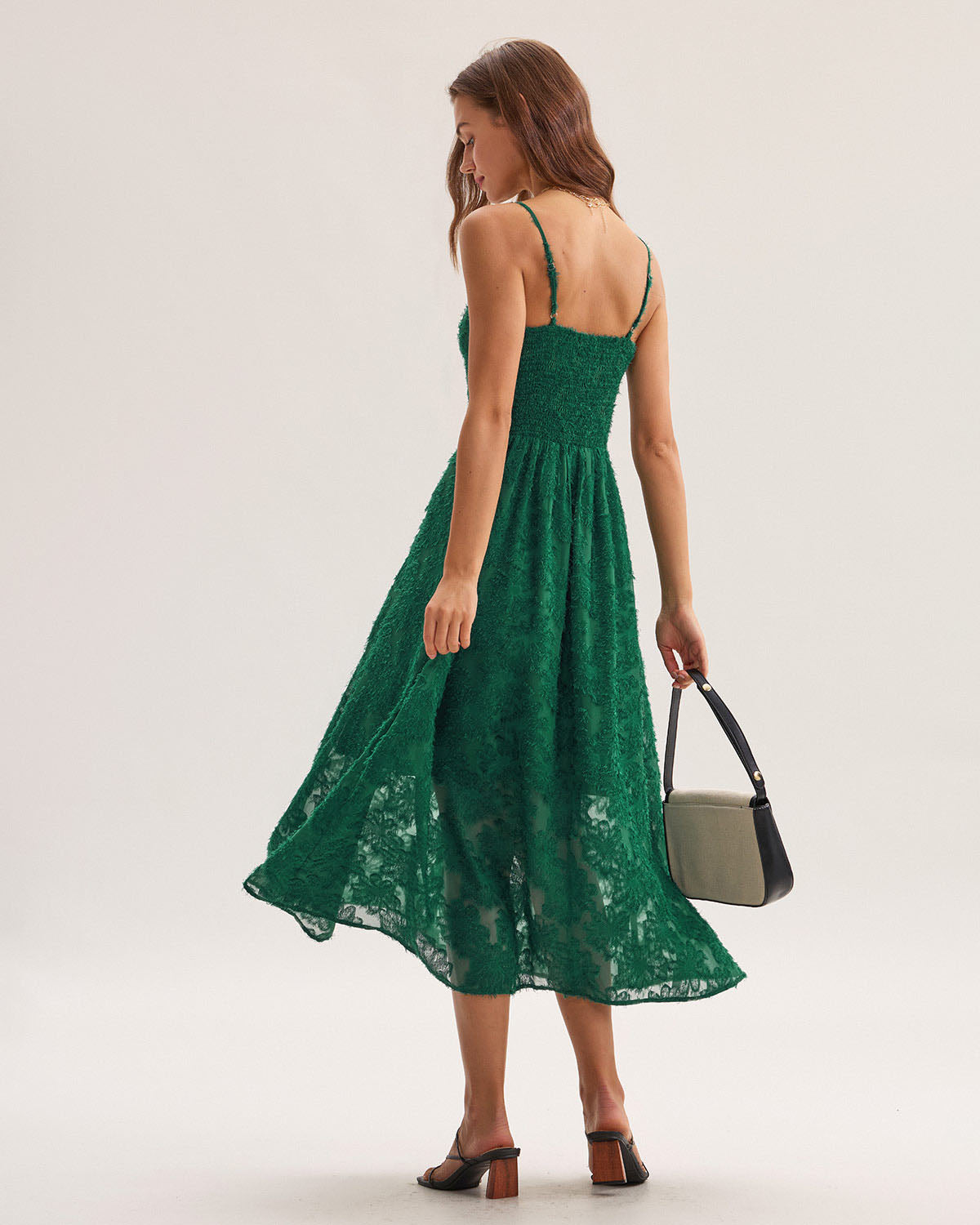 Green Floral Shirred Slip Midi Dress - Threadford