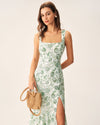 Green Floral Square Neck Midi Dress - Threadford
