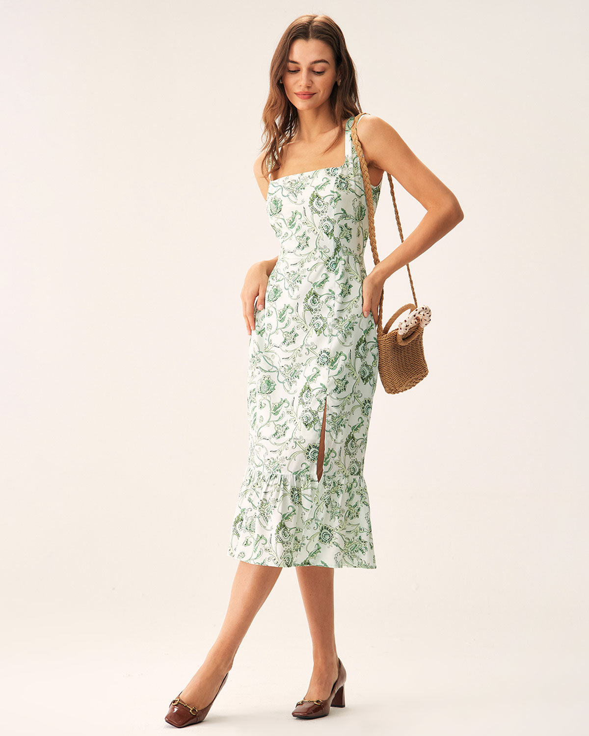 Green Floral Square Neck Midi Dress - Threadford