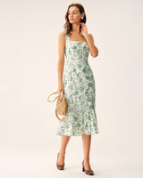 Green Floral Square Neck Midi Dress - Threadford